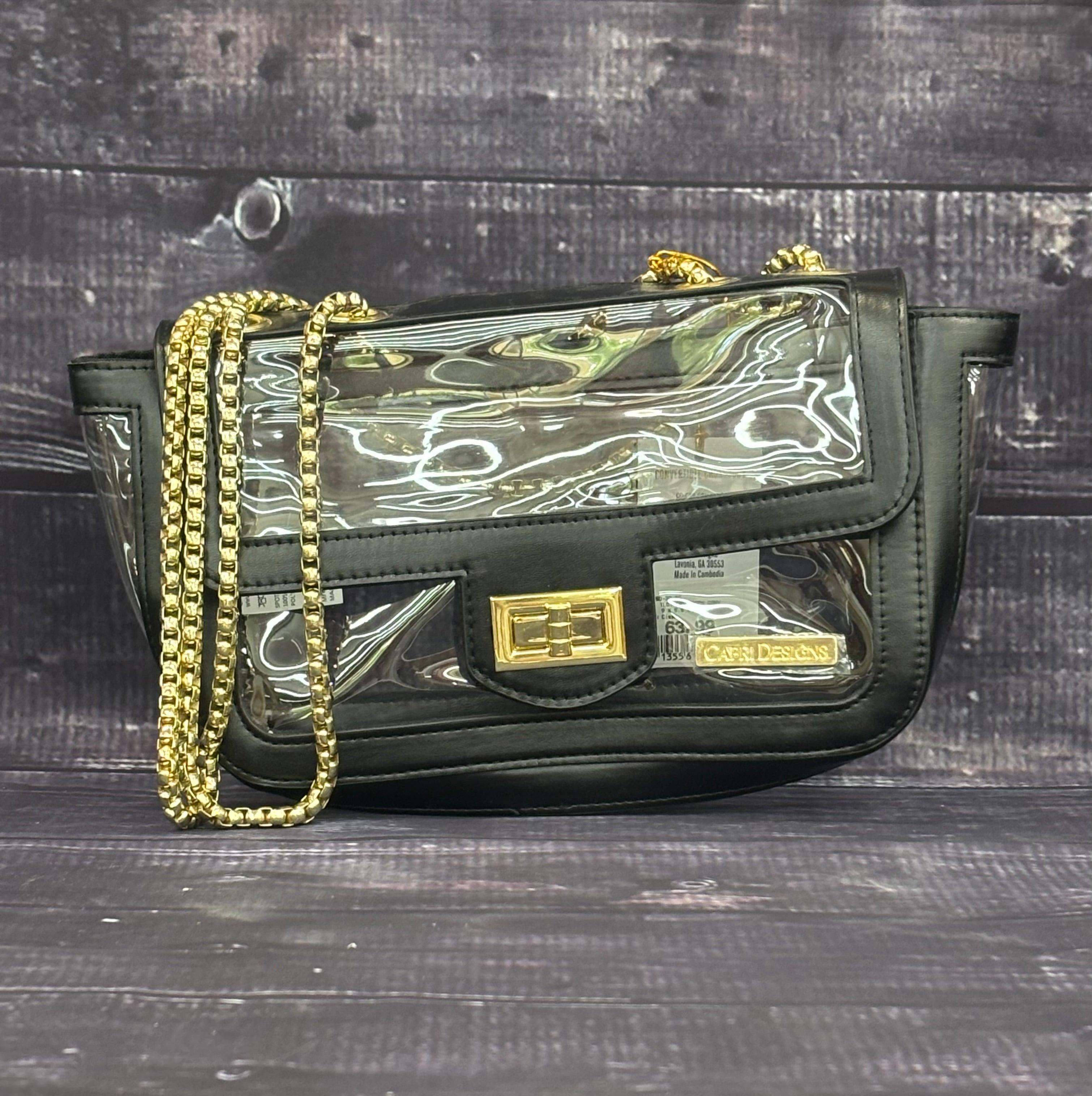 Capri Designs Tailgate Crossbody Conv Black Gold Acnt Gold Chain