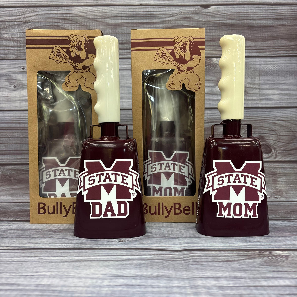 Bully Bell Cowbell Medium Maroon Mom and Dad Decal