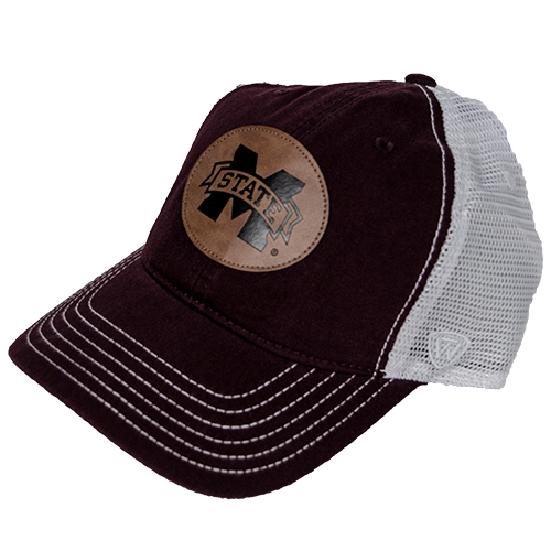 Top Of The World Cap Baseball Fleet Trukr Leatherr Patch M-State  Bulldogs White Mesh Maroon Front