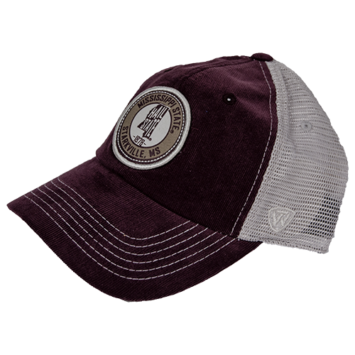 Top Of The World Cap Baseball Control Trukr Rnd Patch Mississippi State Hail St Stkvl Tan Mesh Maroon Cord Front