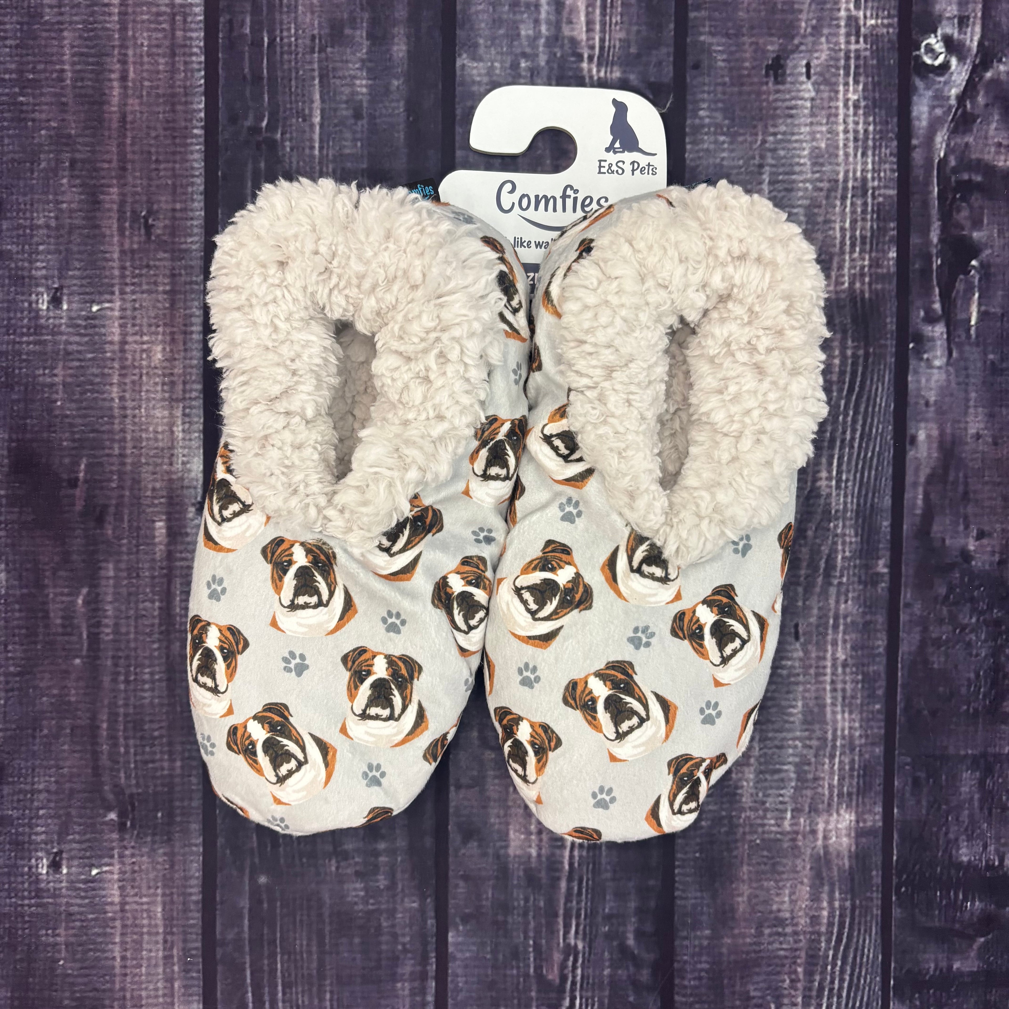 Shoe Slipper Comfies Soft Sole Bulldog Portrait Paws All Over