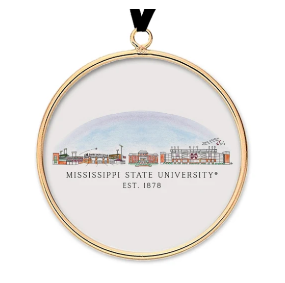 Ornament Round Flat Mississippi State University Skyline Gold Rim