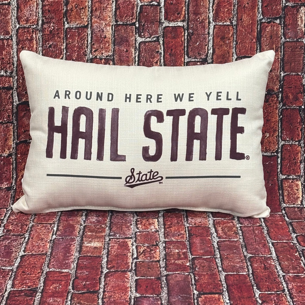 The Little Birdie/Varsity Pro, Inc. Home Pillow  Around Here We Yell Hail State State W Tail