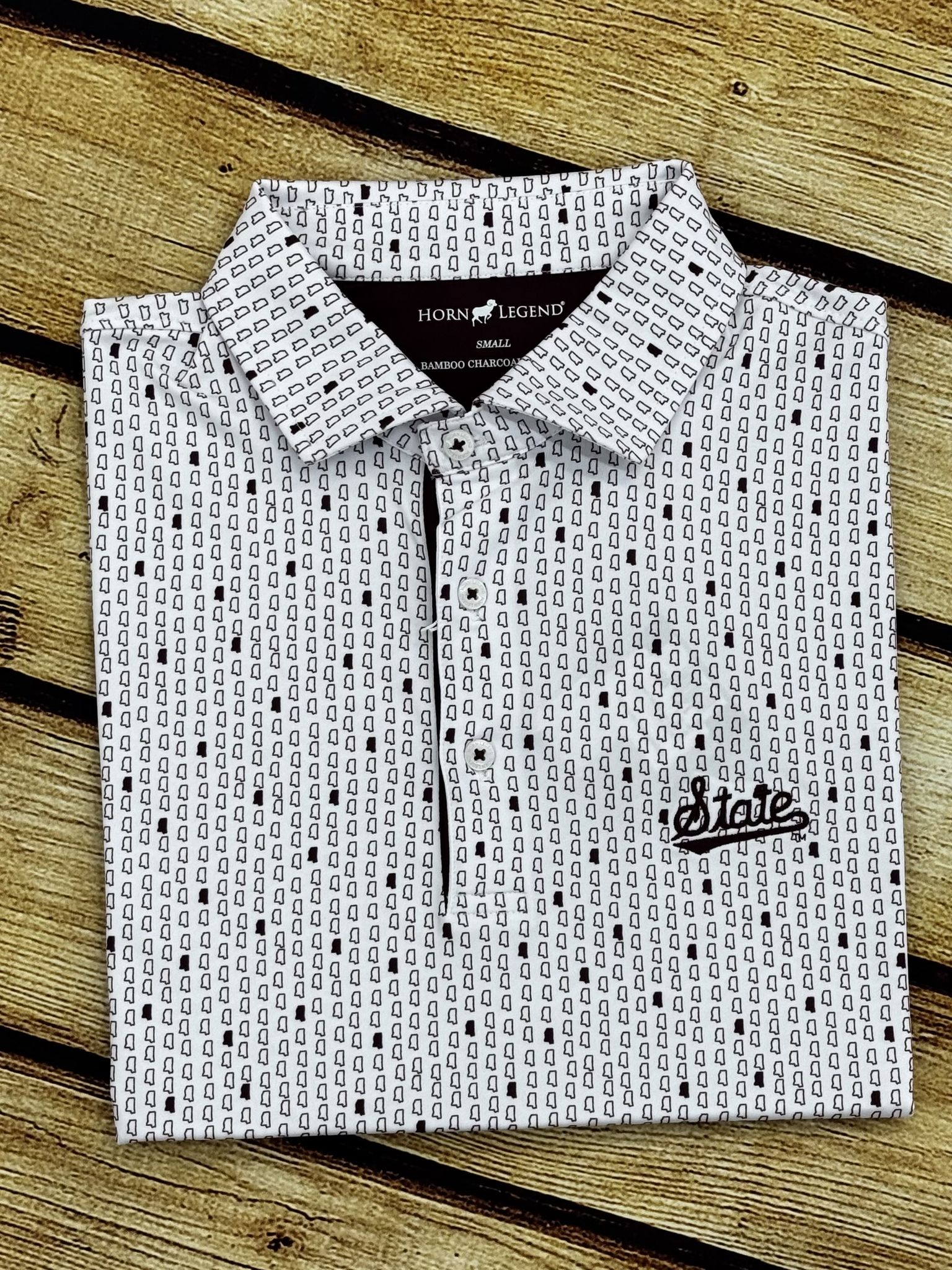 Horn Legend Polo Men's Bamboo Charcoal Script State MS Shapes All Over