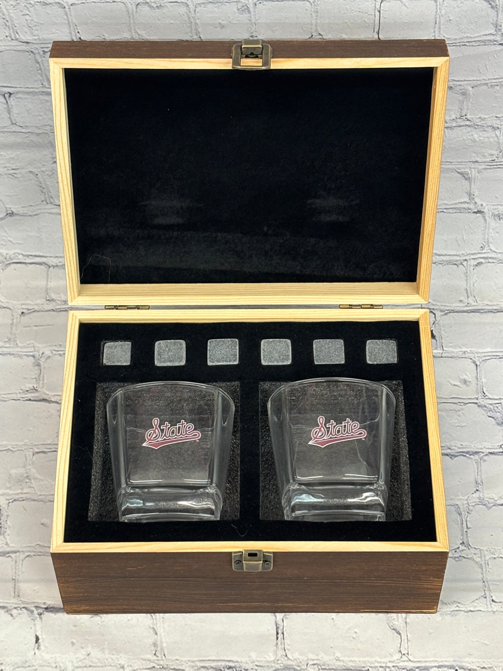 Fanatic Group Home Rocks Glasss W Script State 2 Pc Set Wooden Box W Script State