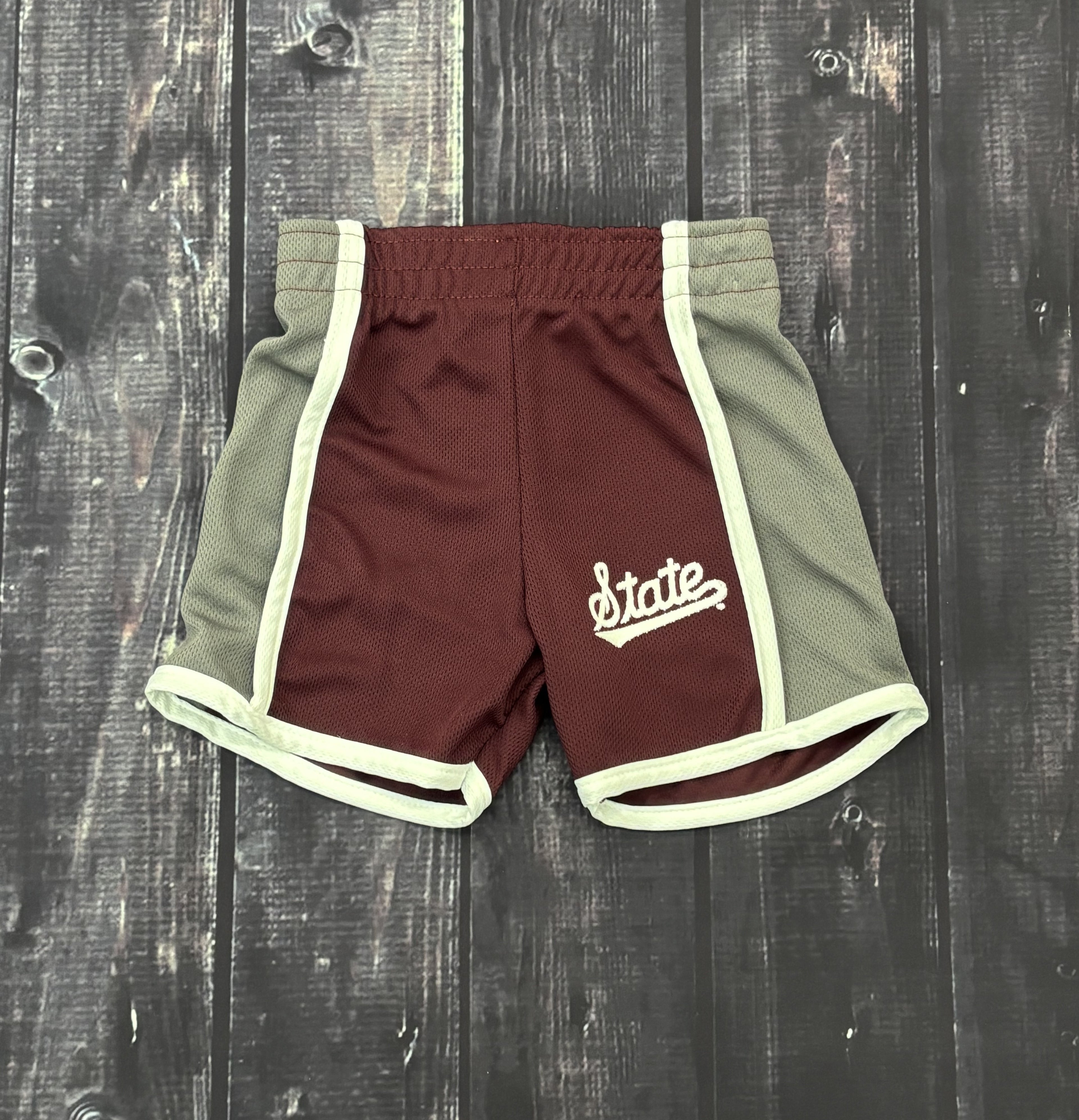 Toddler Shorts Maroon with Gray Sides Script State White Piping