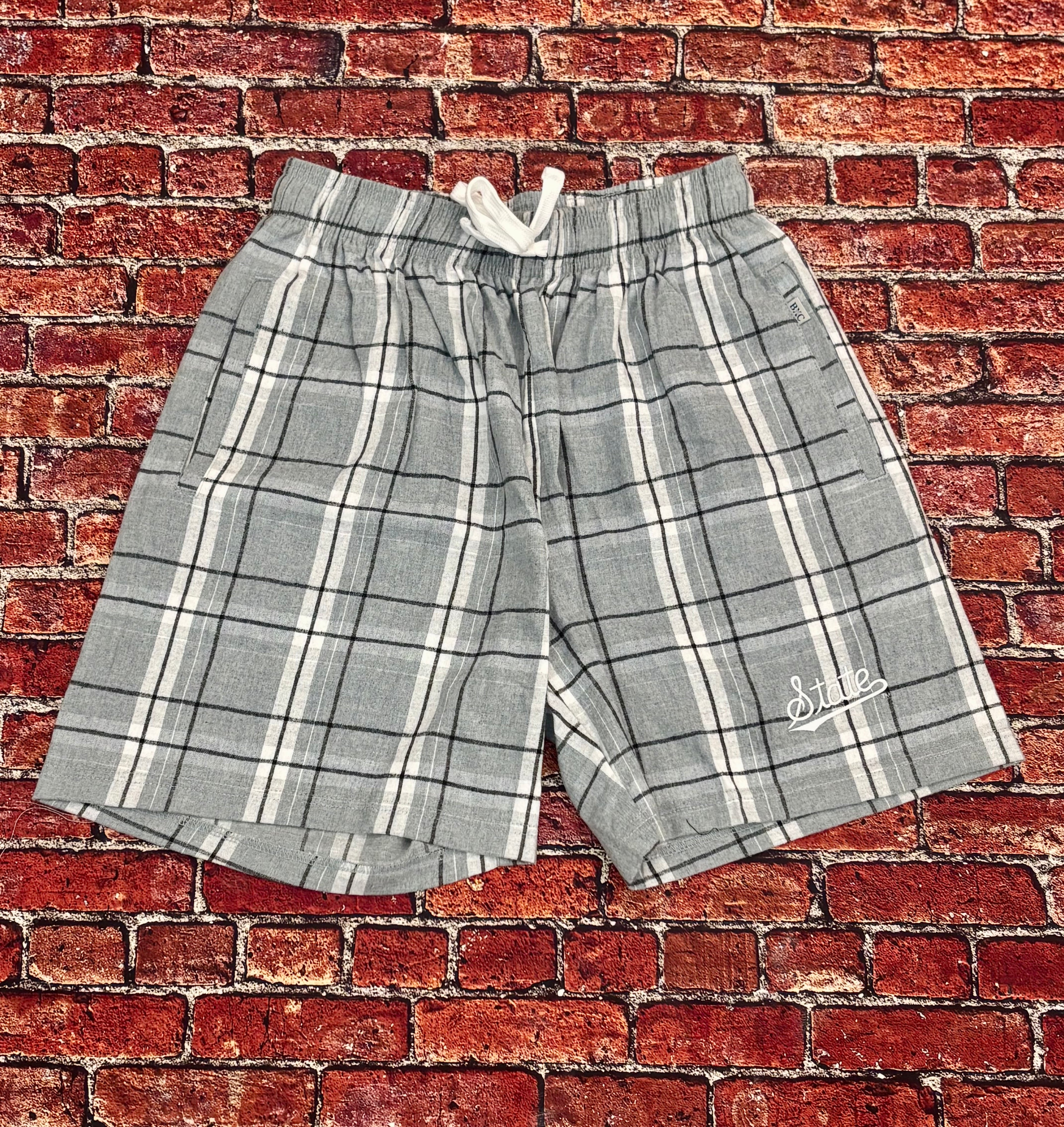 Women's Shorts Flannel Plaid Script State Embroidery