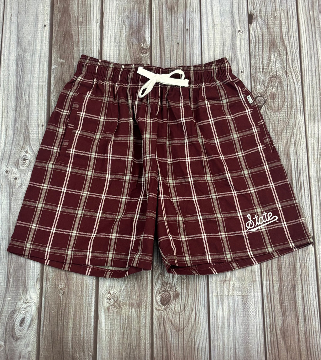 Women's Shorts Flannel Plaid Script State Embroidery