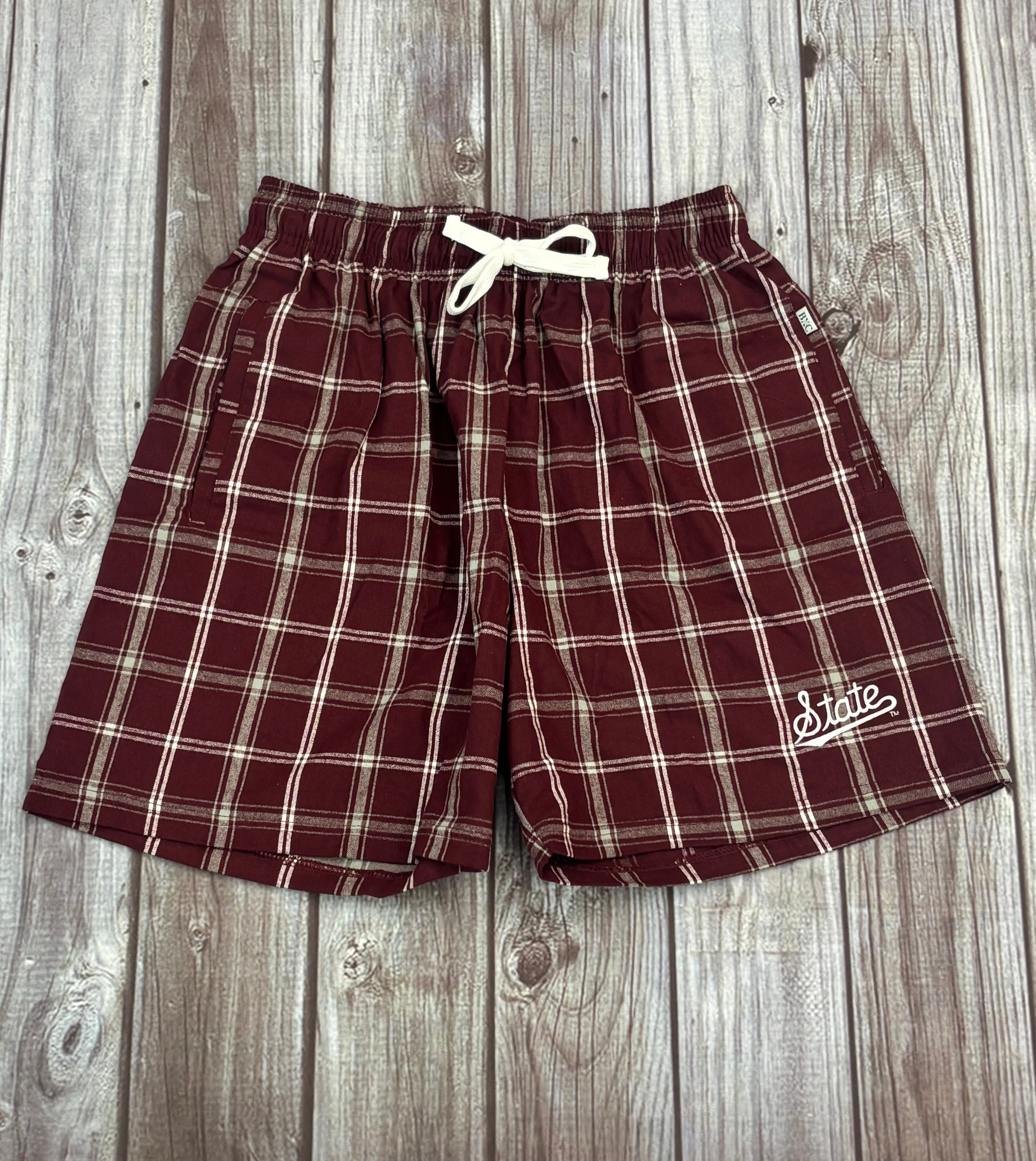 Women's Shorts Flannel Plaid Script State Embroidery