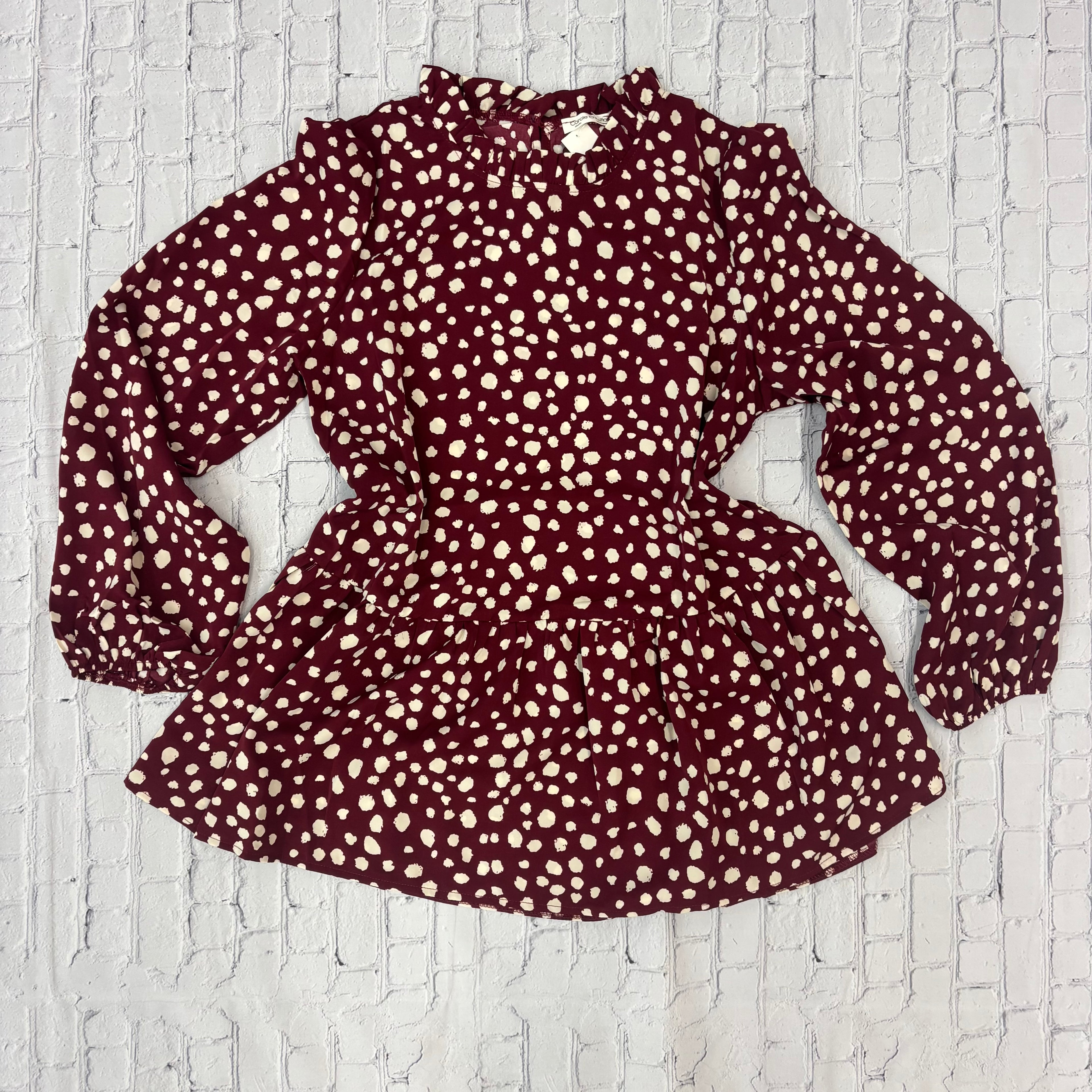 Top Women's Long Sleeve Spotted Tier Blouse Neck Ruffles