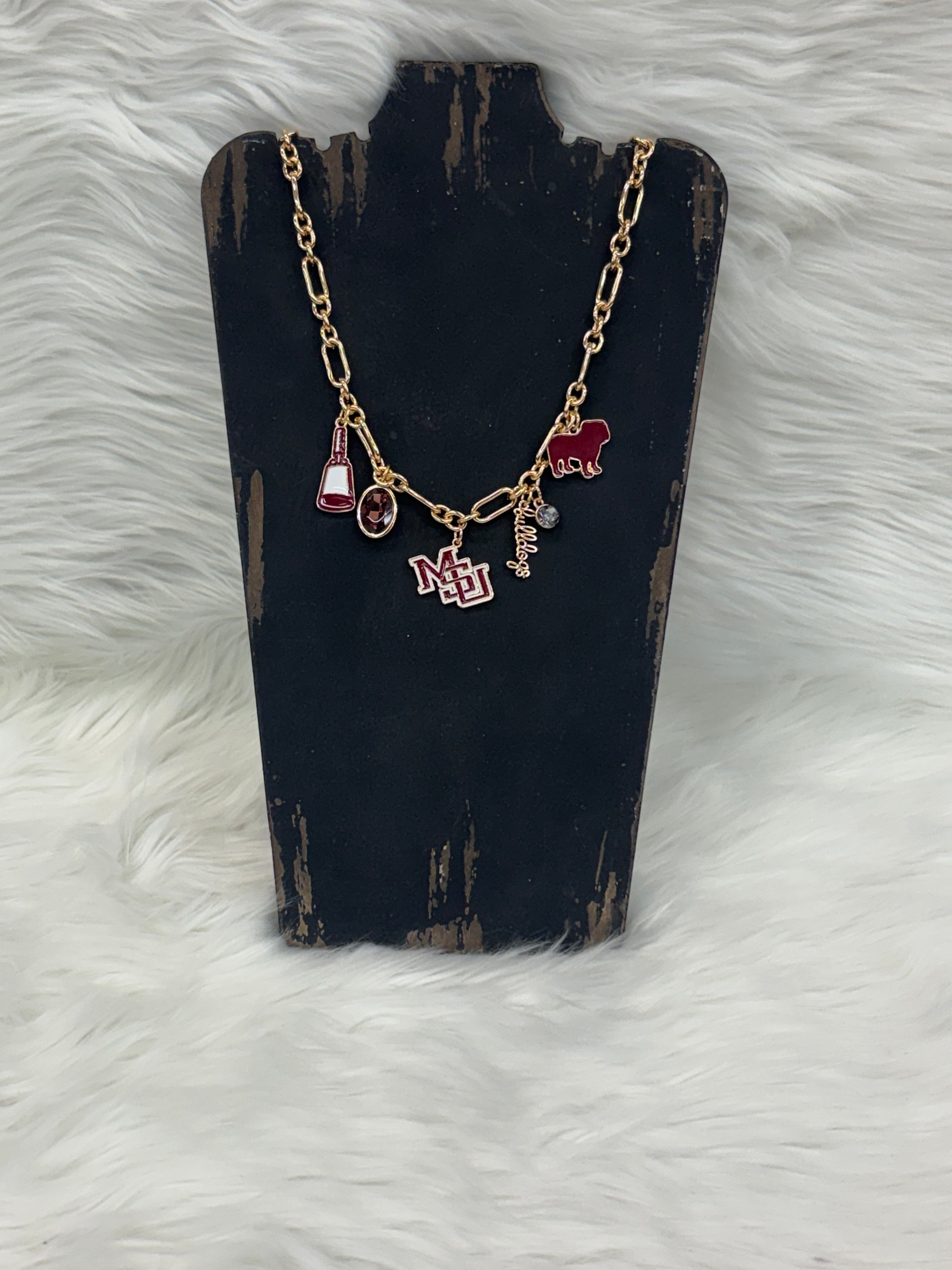 Canvas Jewelry Necklace Enamel Cowbell Bulldog MSU Interlock Stones Gold 16"