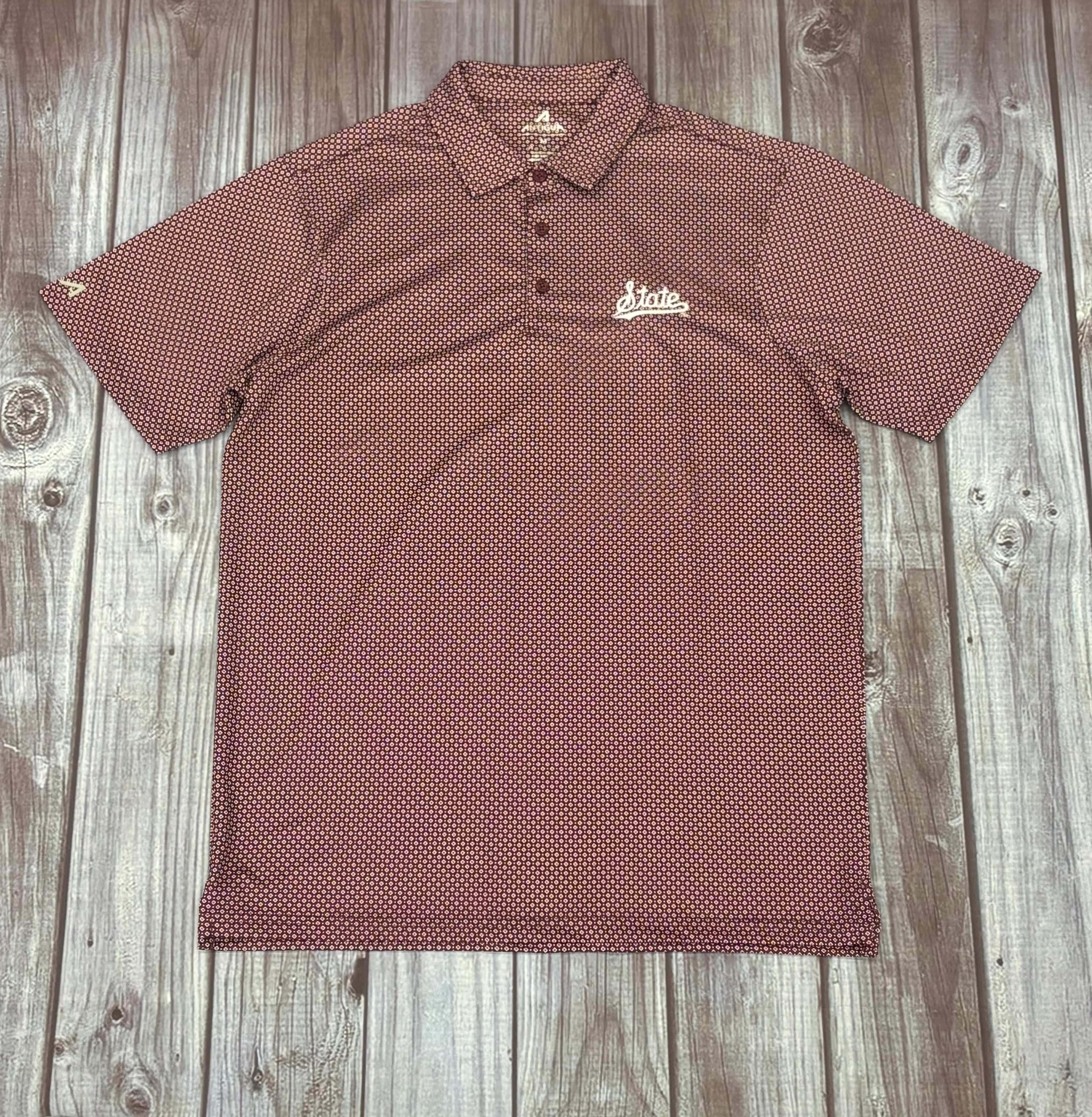 Men's Polo University Trellis Diamond Designs All Over Script State