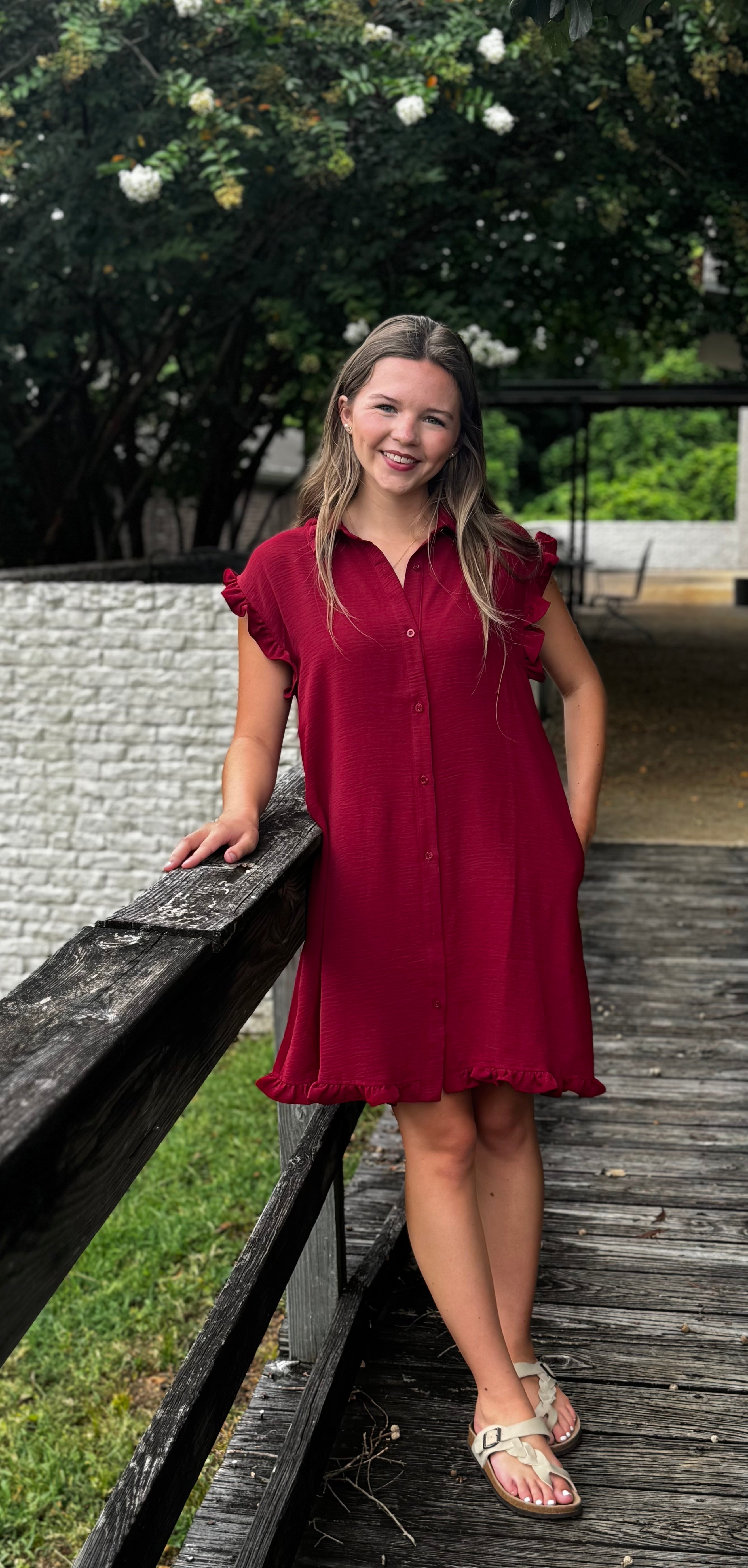 Dress Women's Avery Sleeveless Button Down Collar With Ruffles With Pockets