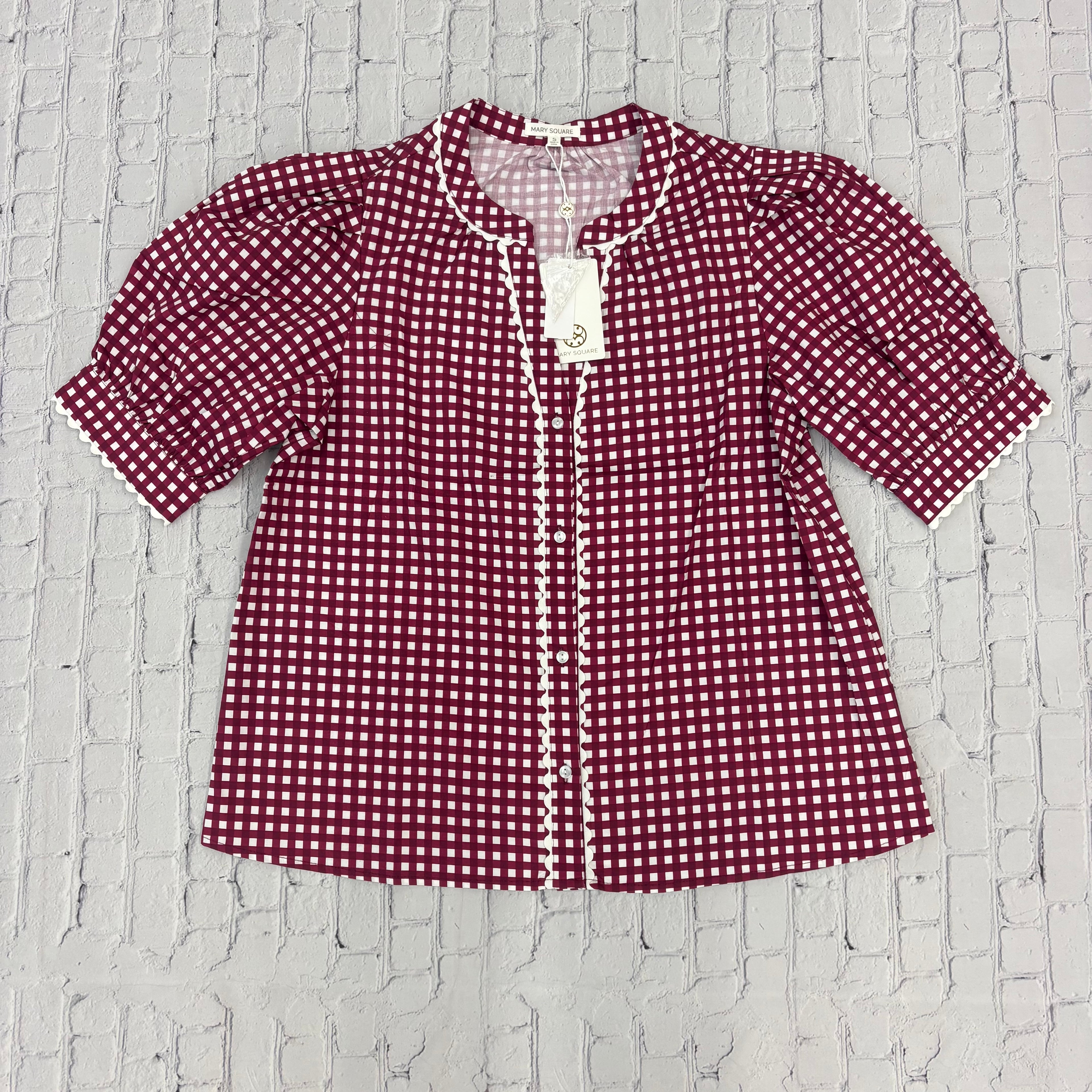 Top Women's Button Down Elaine Short Sleeve Gingham Ric Rac Trim