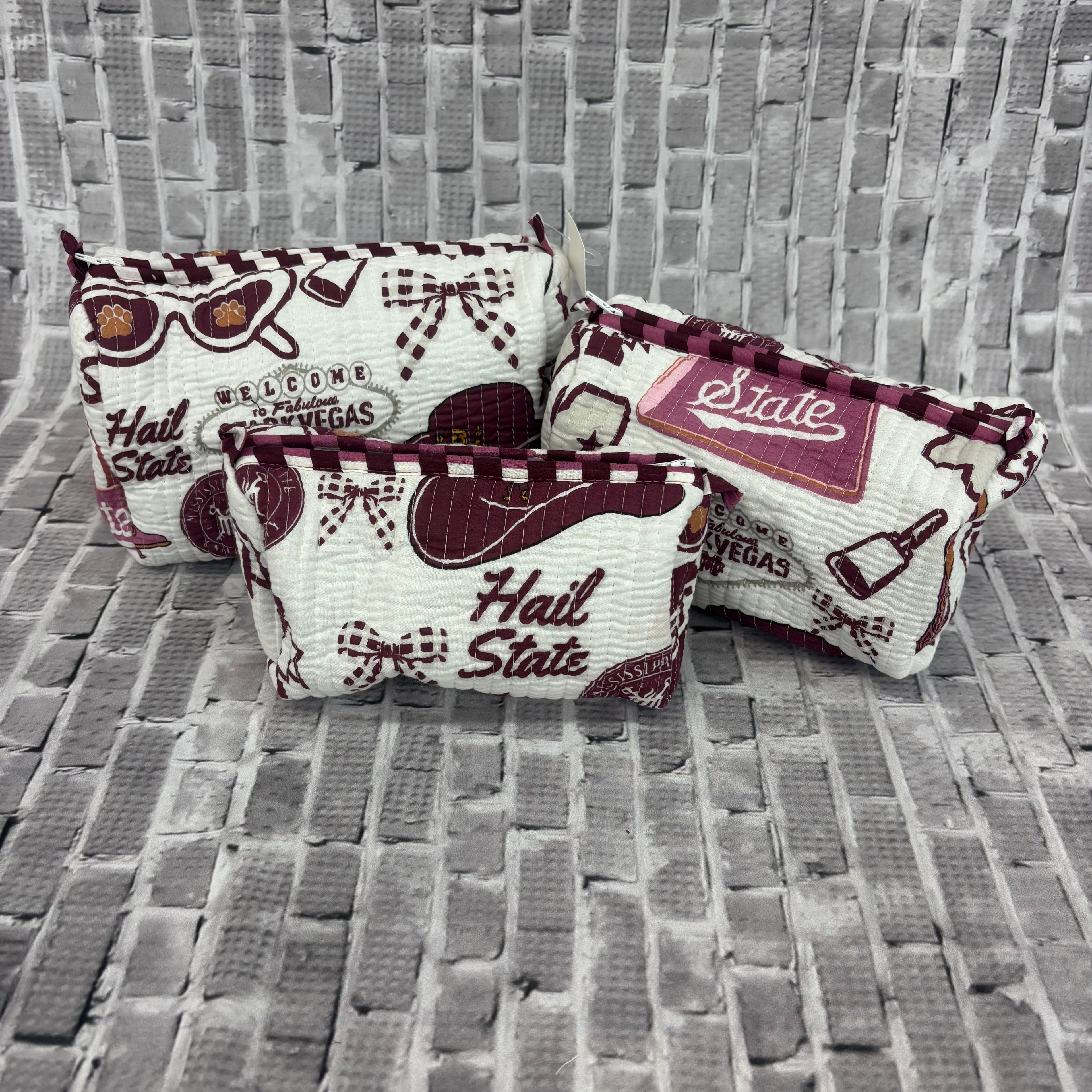 Cosmetic Bag 3 Piece Set Quilted M-State Hail State Script State Other Logos