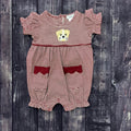 Infant Romper Girls Striped Bulldog Applique Pockets Maroon Trim