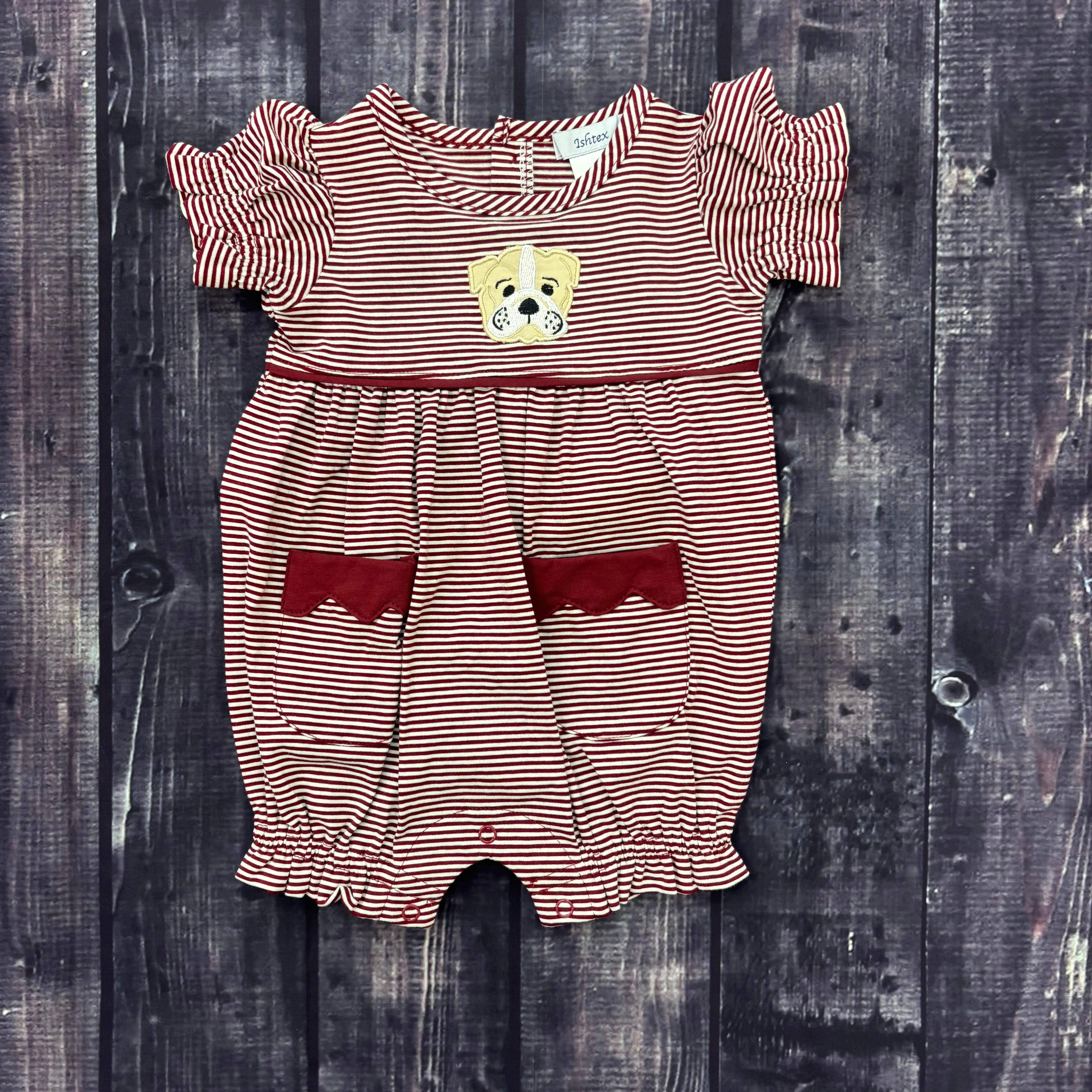 Infant Romper Girls Striped Bulldog Applique Pockets Maroon Trim