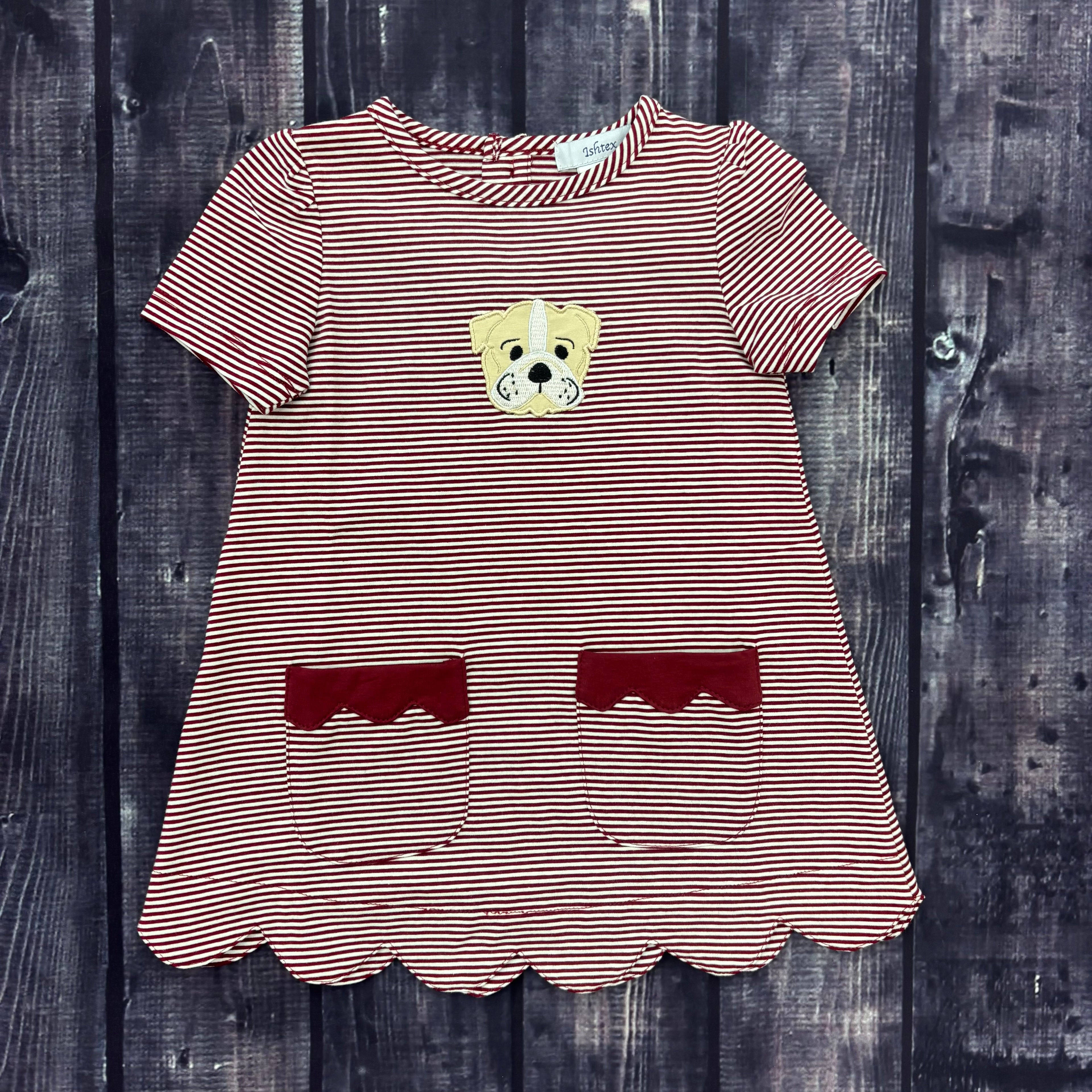 Toddler Dress Girls Striped Bulldog Applique Pockets Maroon Trim