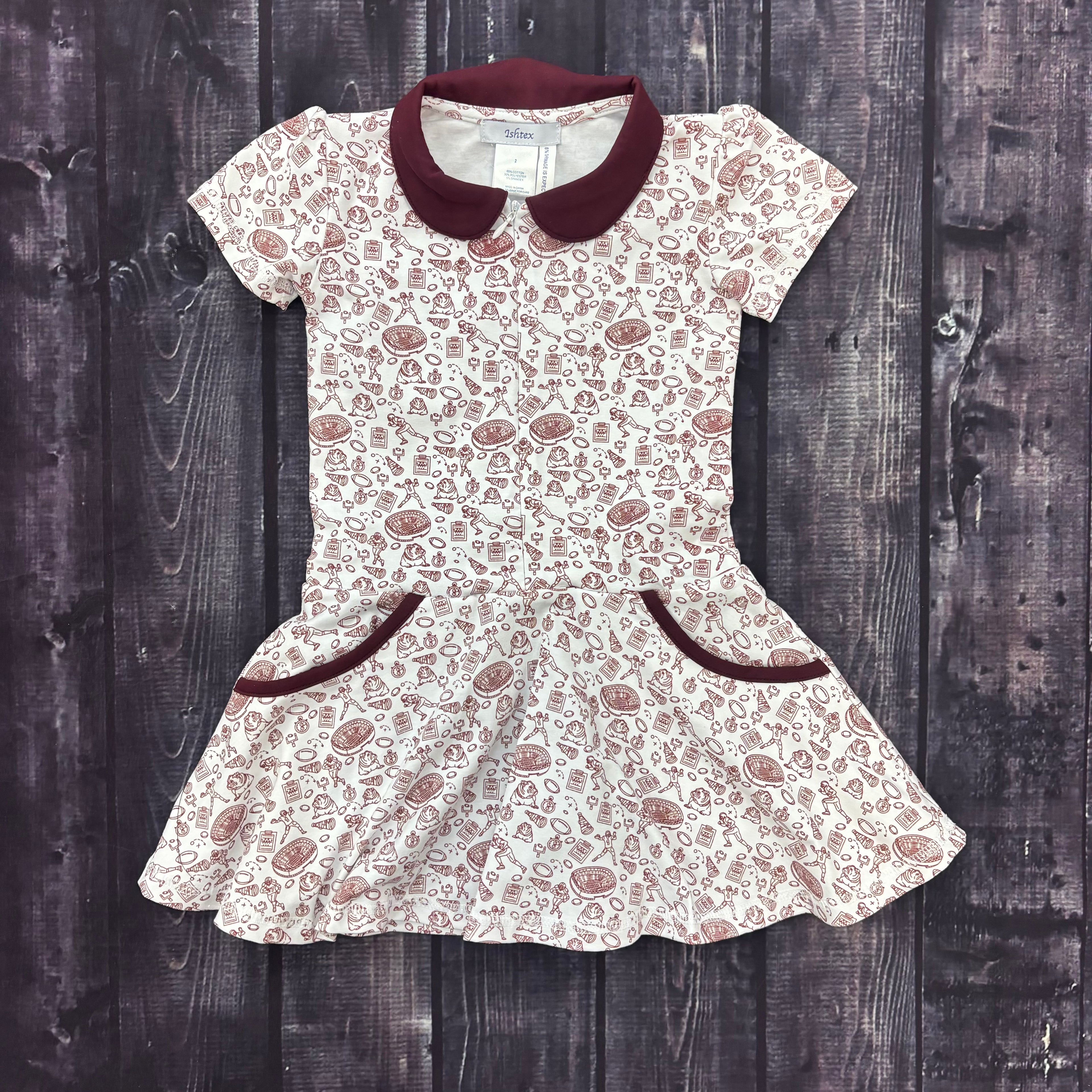 Toddler Dress Girls Half Zip Flare Skirt Collar And Pockets Maroon Trim  Maroon Shorts