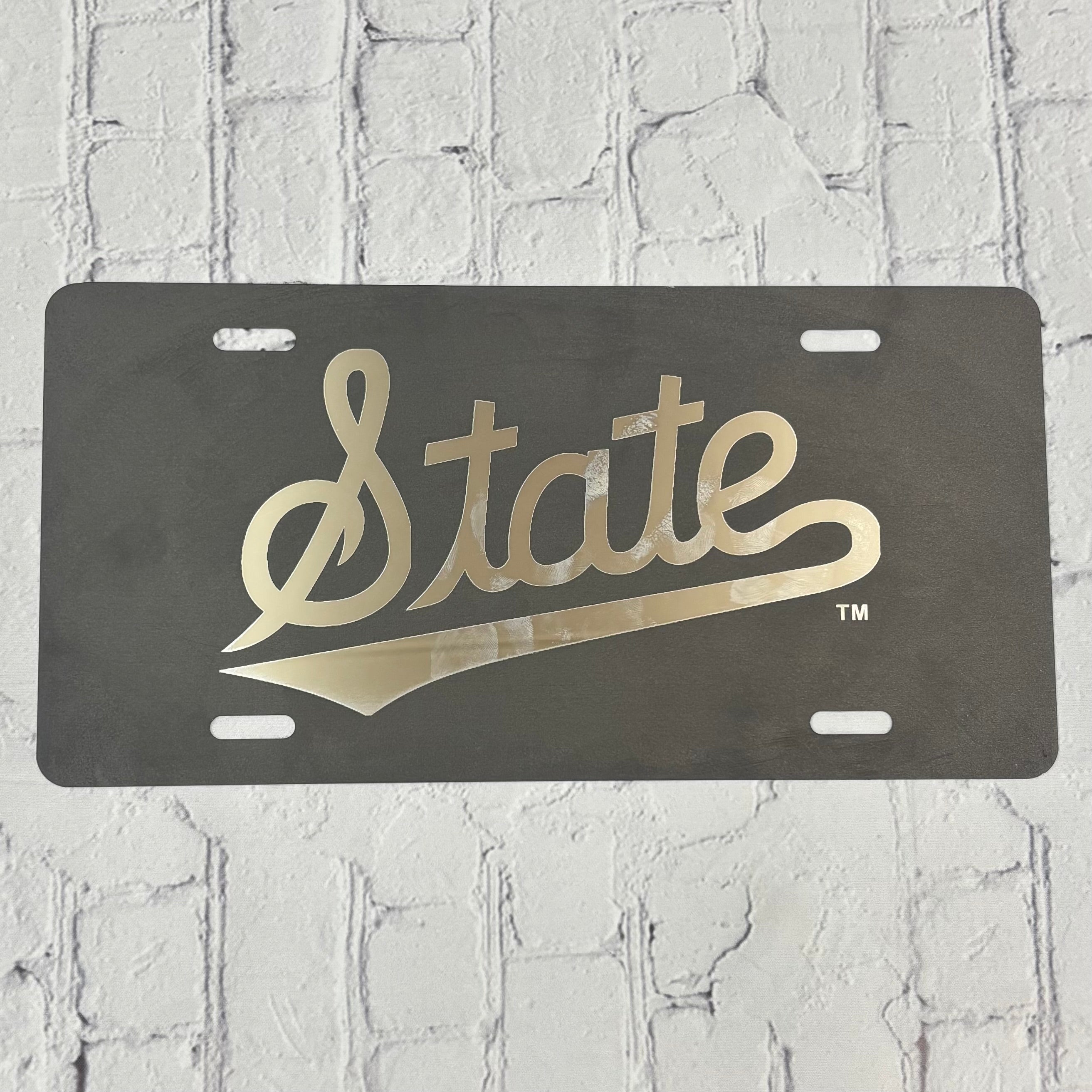 Auto License Plate Stainless Steel Silver Script State