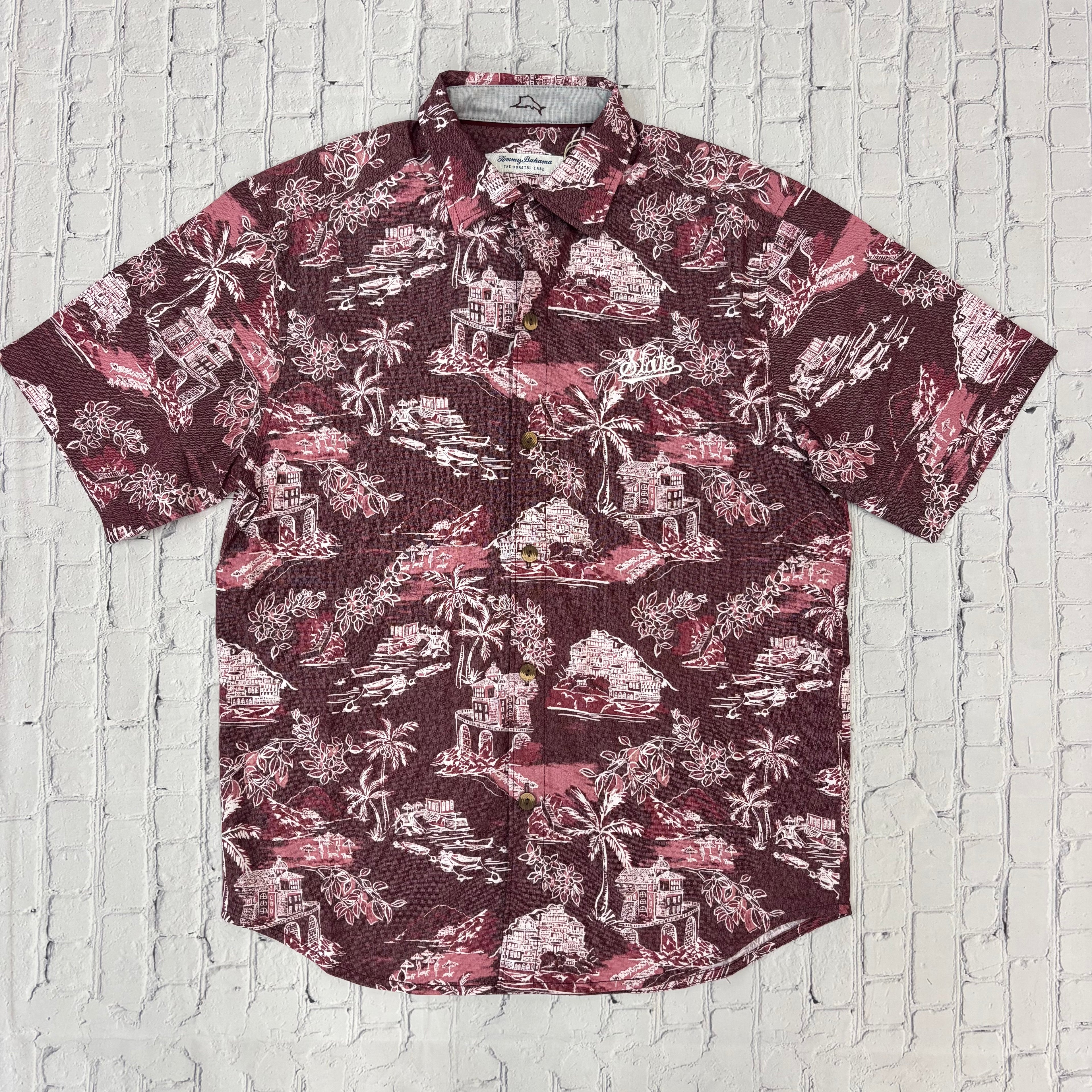 Tommy Bahama Shirt Short Sleeve Coastal Ease Paradise Isle Script State