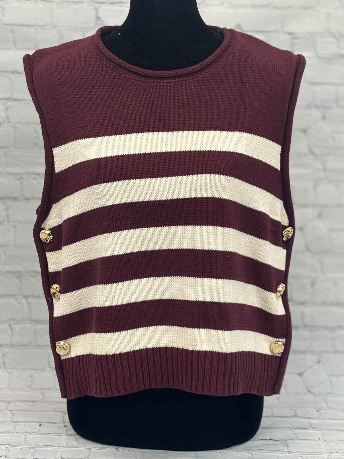 Top Women's Sweater Sleeveless Striped With Gold Buttons