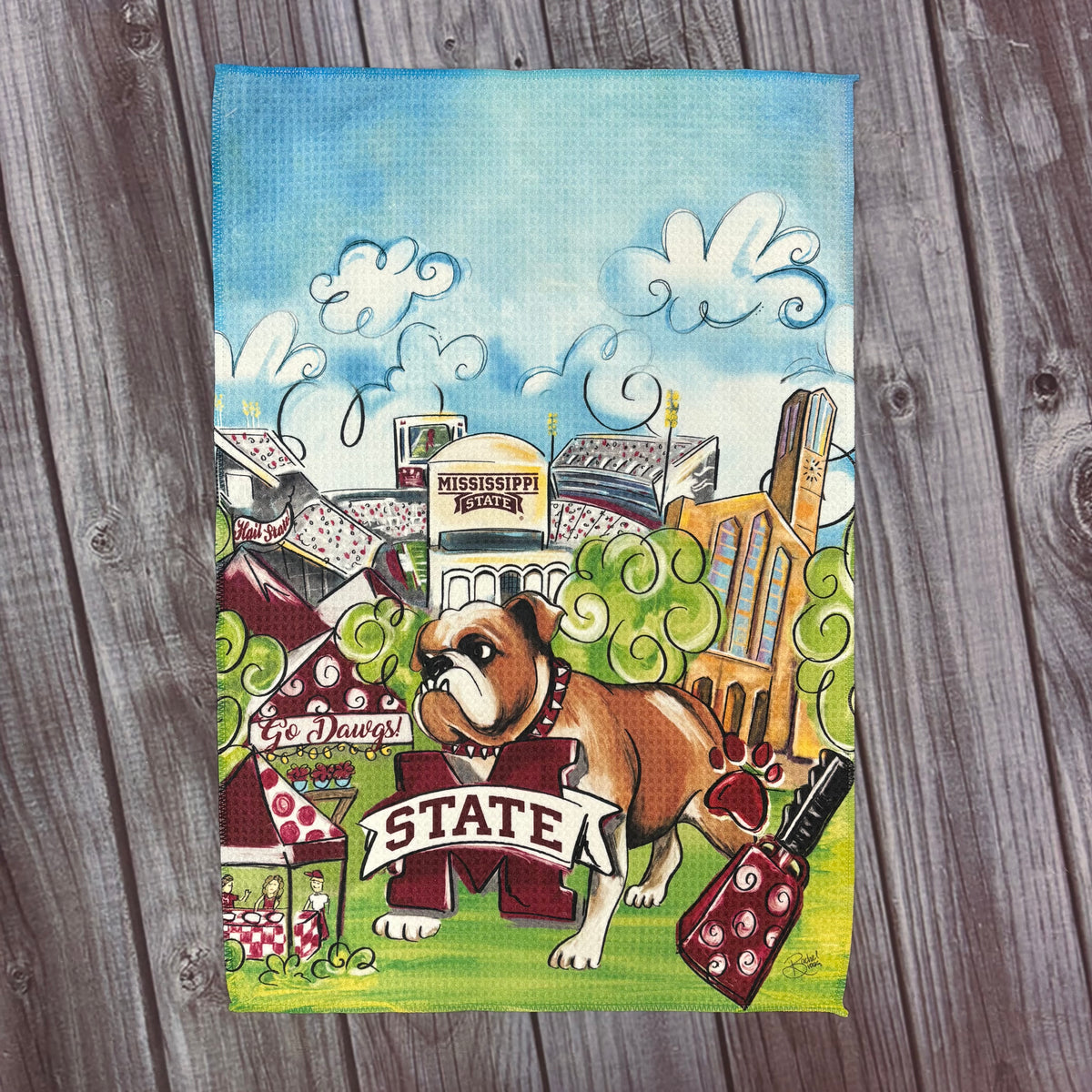 Tea Towel MS State Collage Bulldog M-State DWS Cowbell