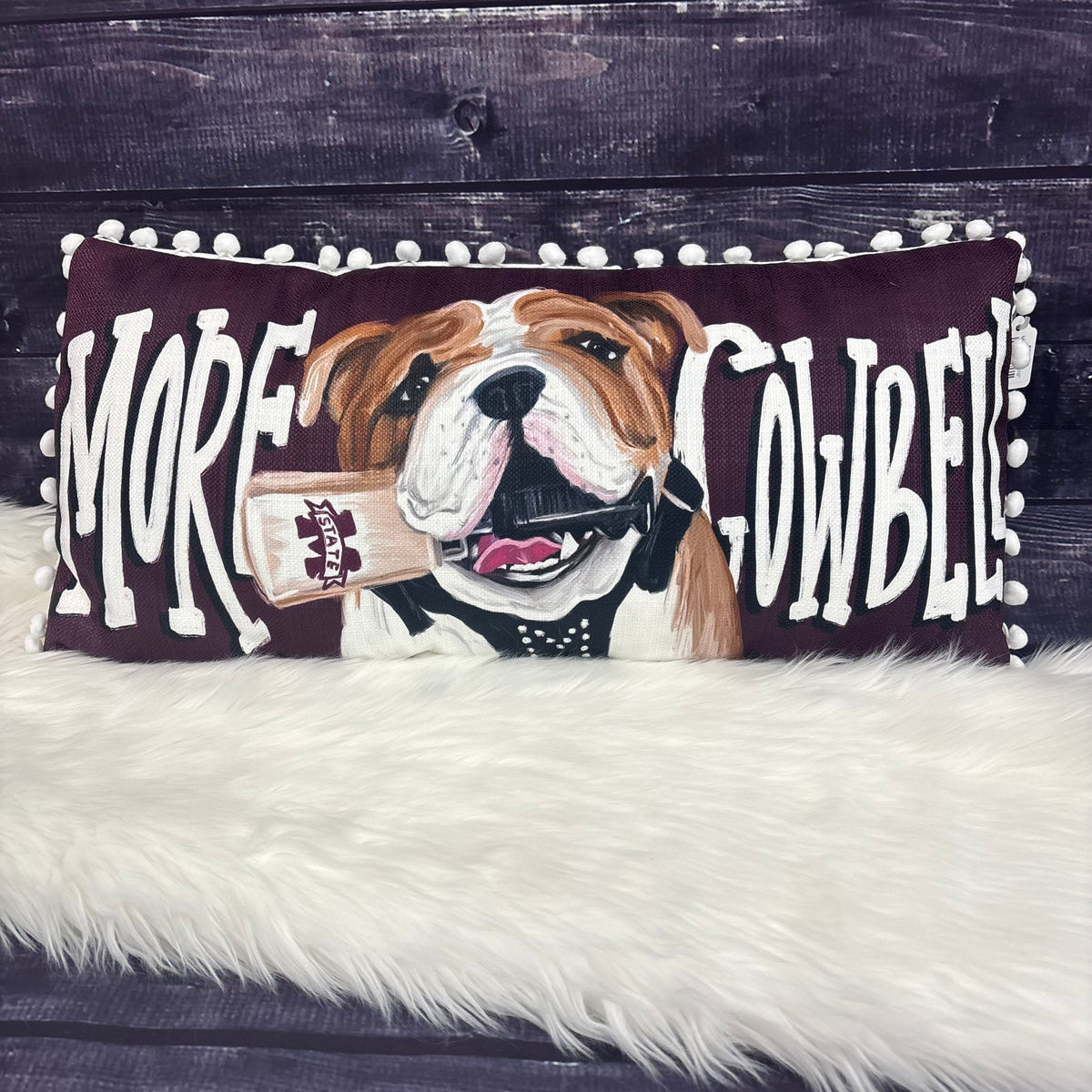 Pillow More Cowbell Bulldog With Cowbell With White Poms