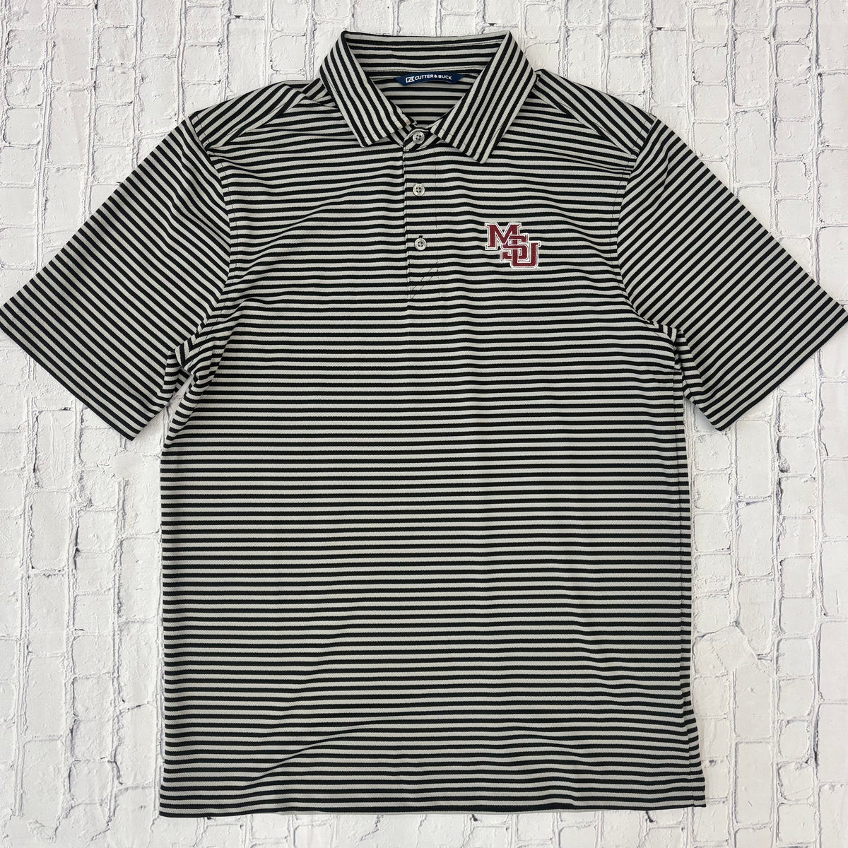 Cutter & Buck Polo Men's Striped Virtue Eco Pique Recycled MSU Interlock White Outline