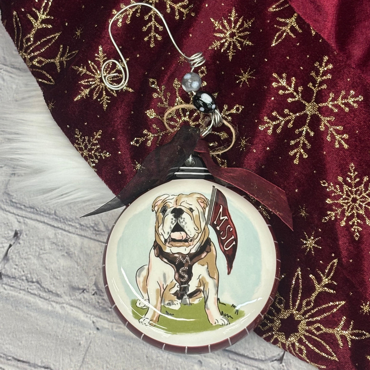 Christmas Ornament Puff Real Sitting Bulldog With Flag MSU Go Dawgs