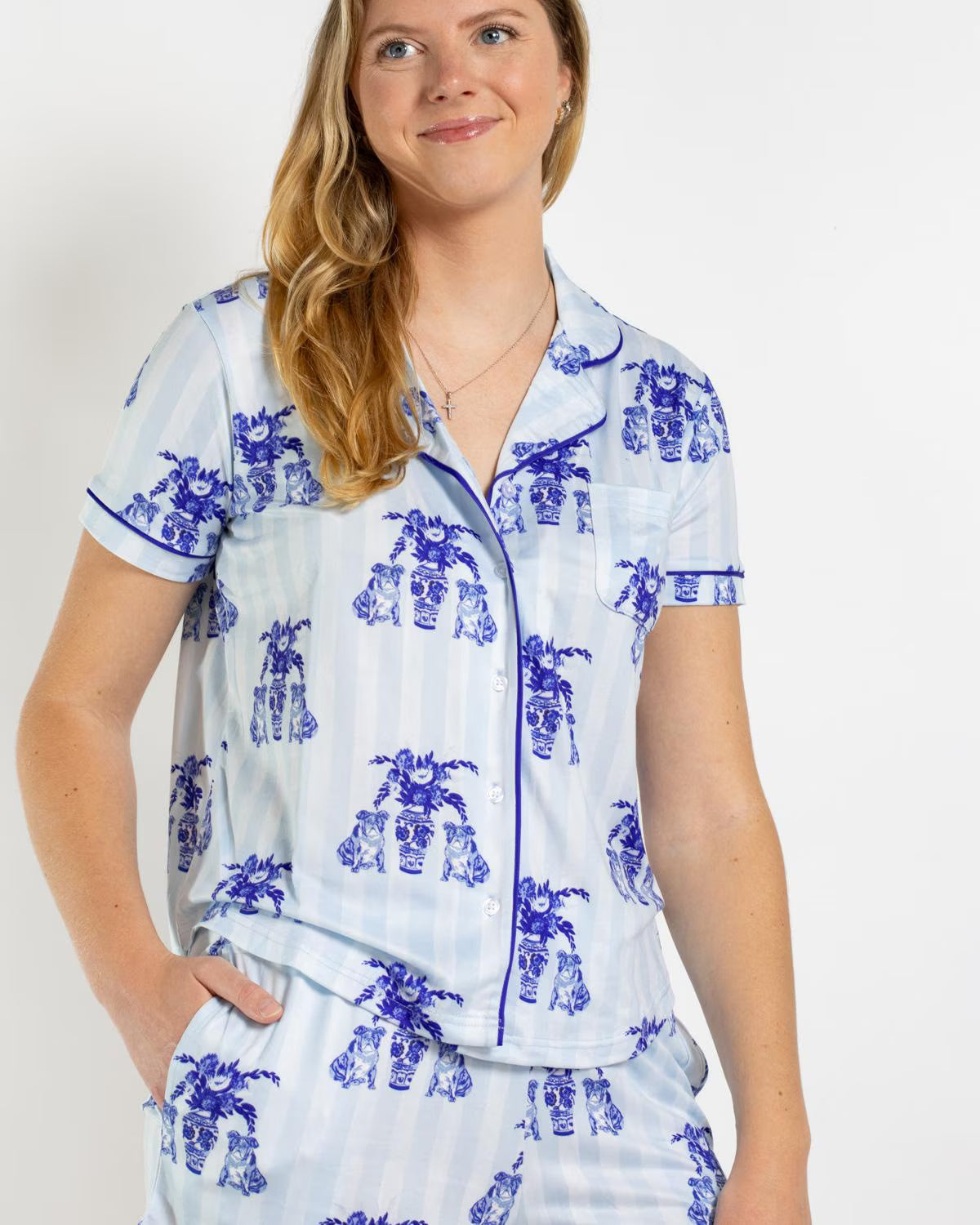 Royal Standard Pajama Short Sleeve Button Up Top Callie Bulldog