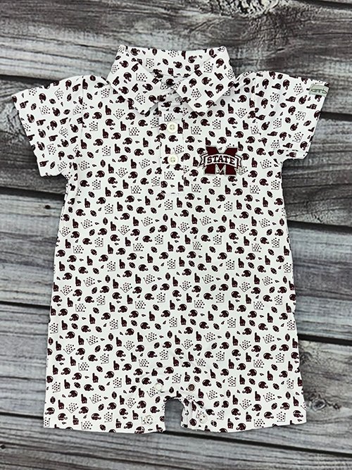 Baby BOYS ONESIE Polo Romper Football PRNT Maroon  M-State