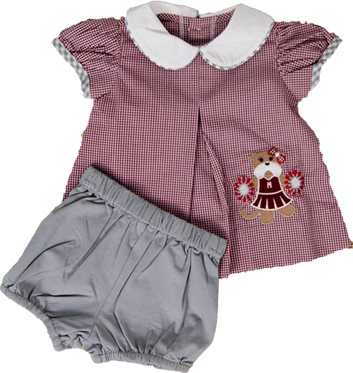 Baby GRL Bloomer Set Gingham Applique Bulldog CHRLDR BTM Gray