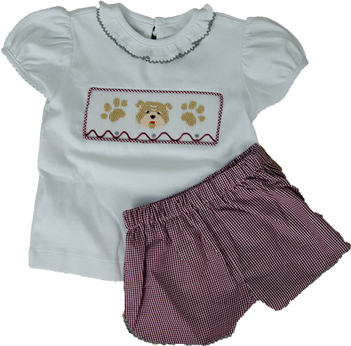 Baby GRL Bloomer Set Smocked TOP White BulldogHooded PAWS BTM Maroon Gingham