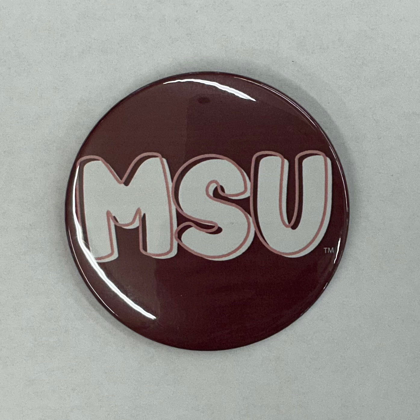 Cute As A Button Button MSU Pink Outline Letters