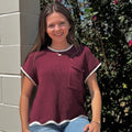 Top Women's Sweater Drop Shoulder Short Sleeve Scallop Hem