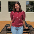 Top Women's Sweater Short Puff Sleeve Scallop Band PolkaDot