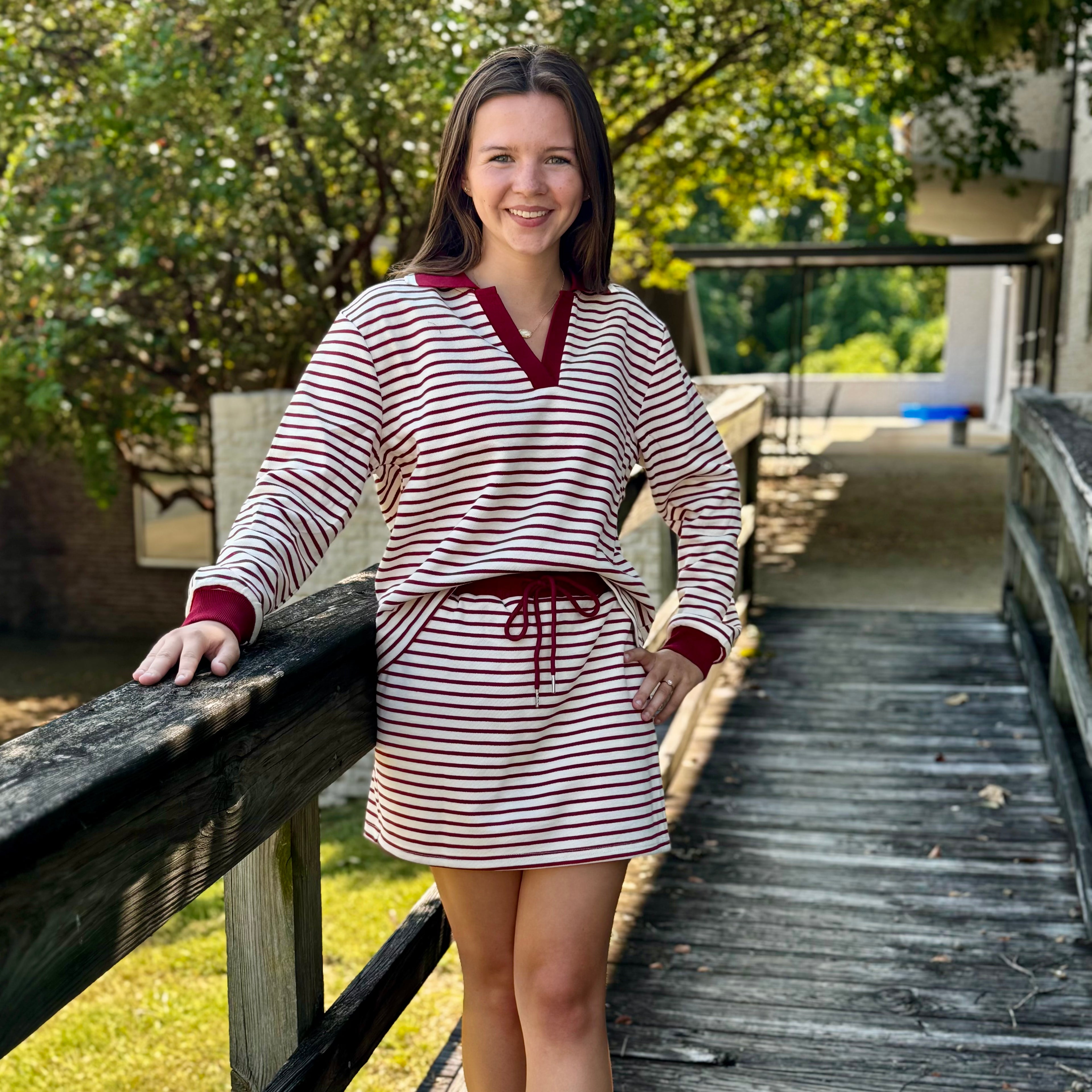 Women's Long Sleeve Collared Knit Striped Top And Skort Set