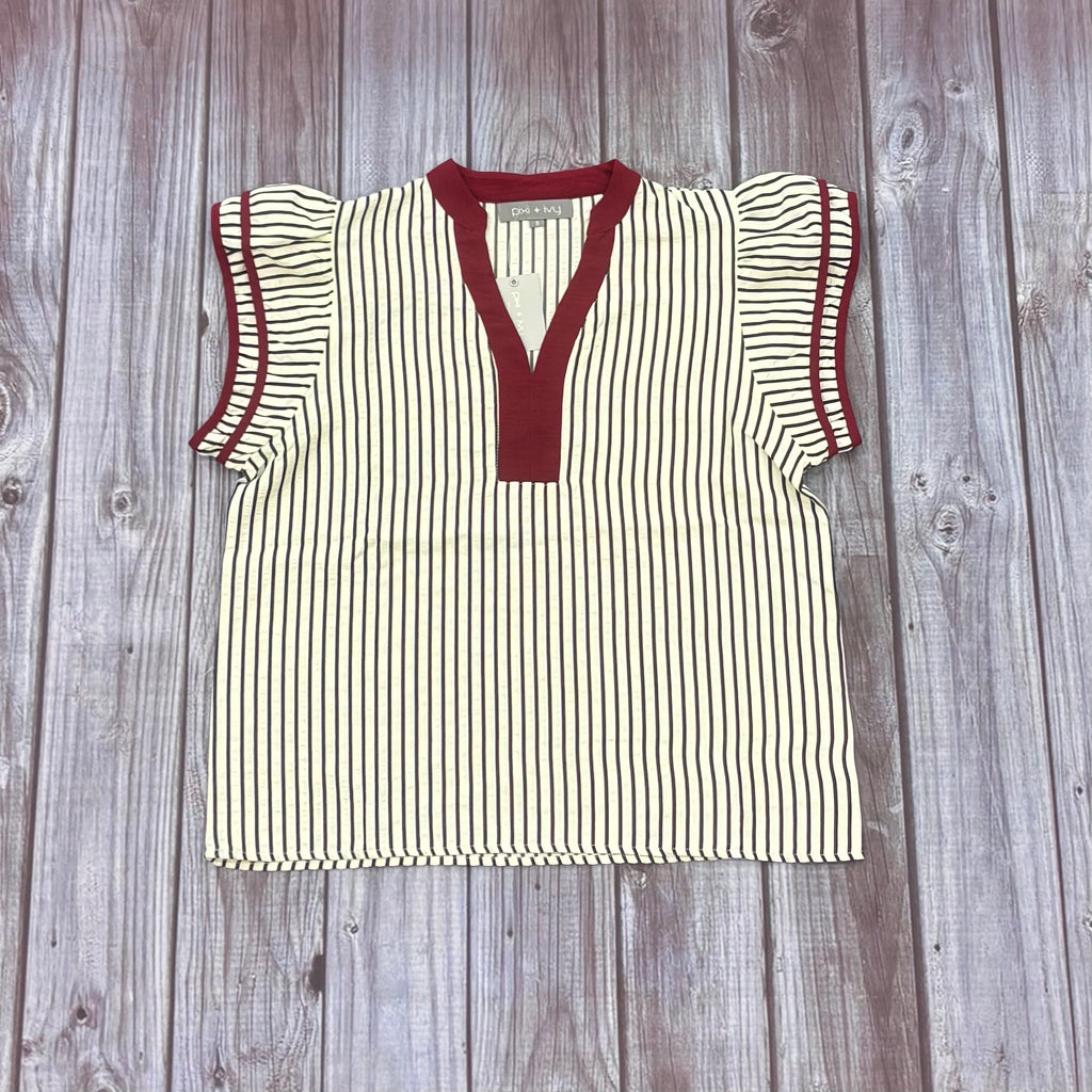 Top Women's Short Sleeve Stripe Maroon V-Neck