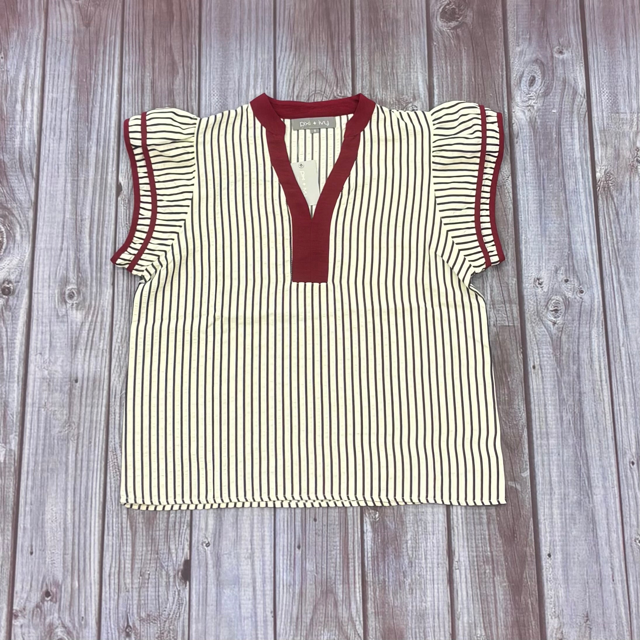Top Women's Short Sleeve Stripe Maroon V-Neck