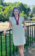 Dress Women's Short Sleeve Stripe Maroon V-Neck