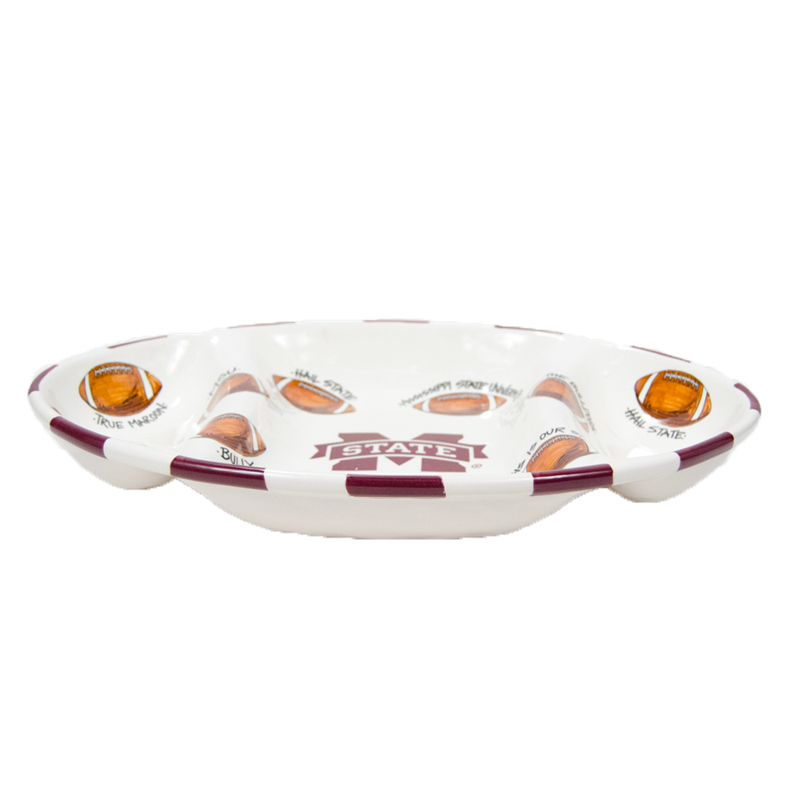 Magnolia Lane Magnolia Lane Platter 3 Sections M-State Footballs Various Sayings