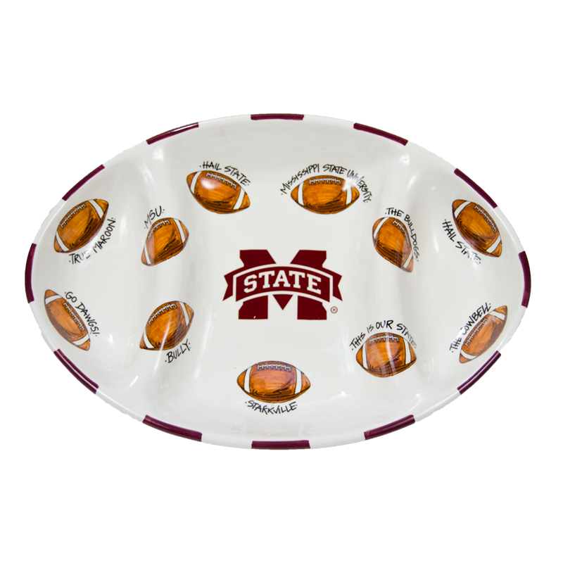Magnolia Lane Magnolia Lane Platter 3 Sections M-State Footballs Various Sayings
