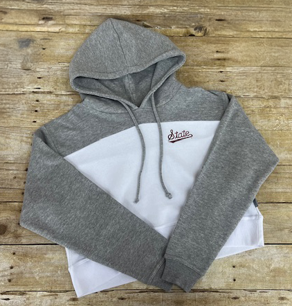 Sweatshirt Women's Crop Hooded Gray Hooded Sleeve Script State