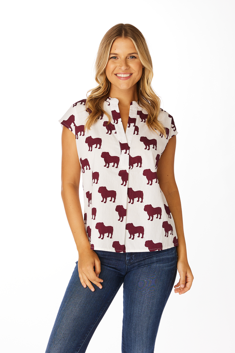 Top Women's Blouse Long Sleeve V-Neck Poplin Bulldog Silhouette All Over