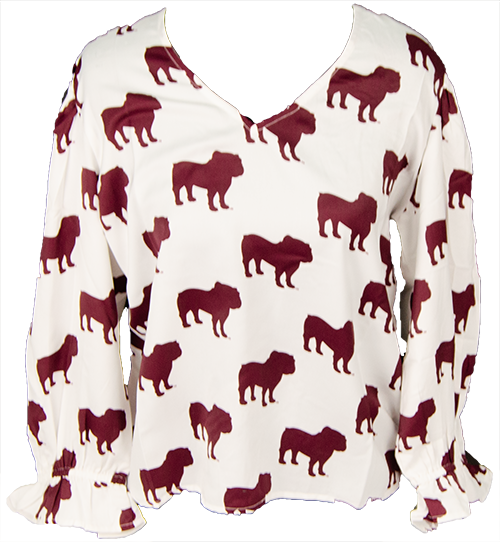 Top Women's V-Neck Quarter Length Bulldog Silhouette All Over
