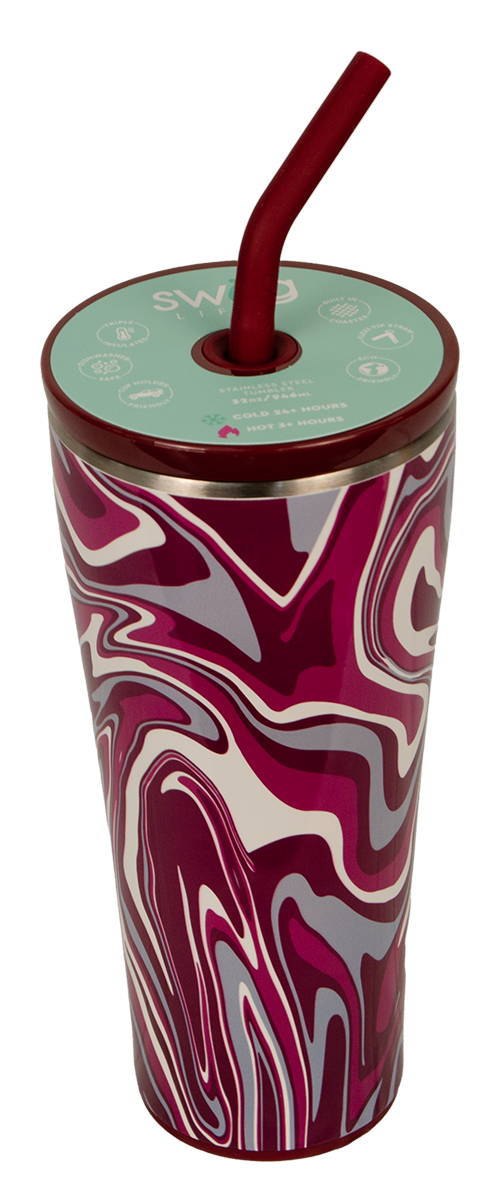 Occasionally Made / Swig Tumbler 32 Oz Fanzone W Straw Swirl Ptrn Maroon Gray White