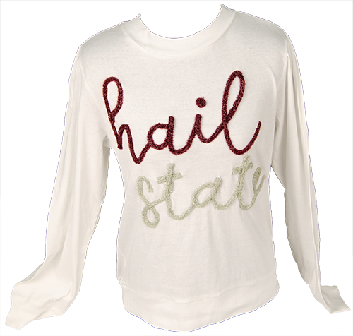T-Shirt Long Sleeve Hail State Maroon Glitter Script