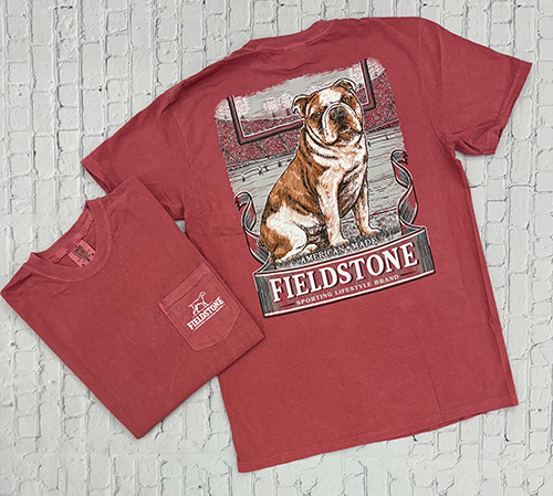 T-Shirt Short Sleeve Game Day Sitting Bulldog On Football Field