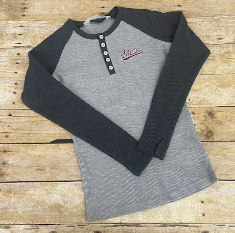 T-Shirt Women's Long Sleeve Henley Wale Knit Script State